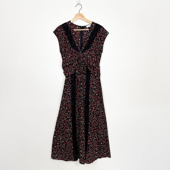 Thakoon Collective Paisley Tie Front Midi Dress Sz 4 Black and Red Floral - Picture 4 of 13